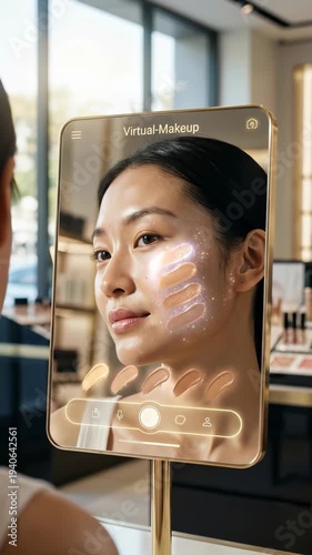 Young woman using an augmented reality smart mirror for virtual makeup testing and foundation shade matching in a modern beauty boutique