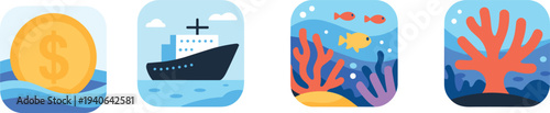 Ocean and marine themed icons set including coin ship coral reef underwater sea life flat vector illustration collection