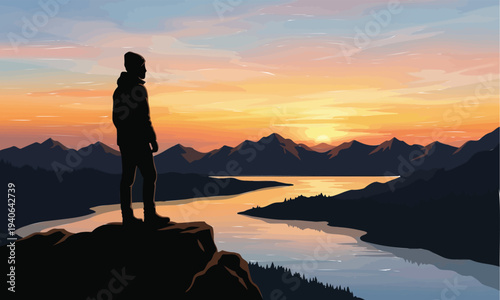 Person Watching Sunset Scenery Silhouette