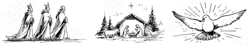 Biblical vector set featuring the three wise men nativity scene and holy spirit dove