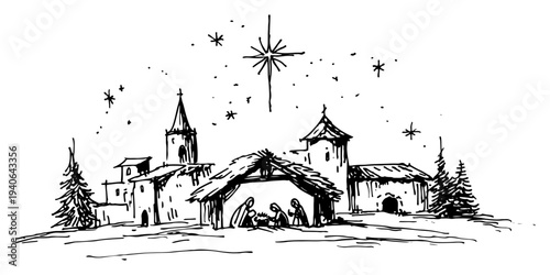 Artistic vector sketch of the nativity scene with holy family in a stable under the star