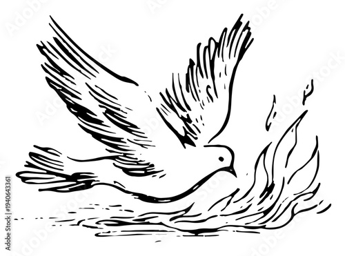Hand drawn vector illustration of a dove and flames representing the Holy Spirit
