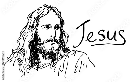 Detailed vector portrait of Jesus Christ with artistic handwritten name text
