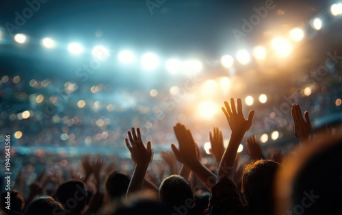 Excited crowd with hands raised at a vibrant concert or sporting event.