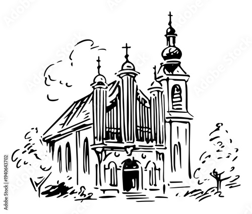Hand drawn vector illustration of a traditional christian church with bell towers and a cross