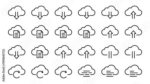 Set of cloud icons representing data upload, download, and file management operations