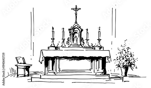 Detailed vector sketch of a catholic church altar with tabernacle and crucifix in line art style