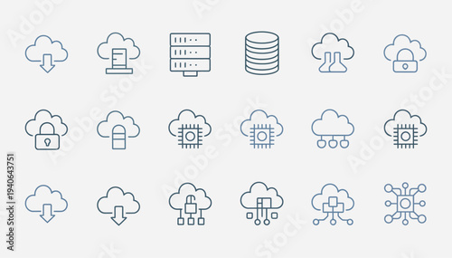 Cloud computing icons set, technology and data storage symbols, network and security.