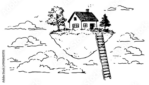 Surreal vector illustration of a small house on a floating island in the clouds with a ladder