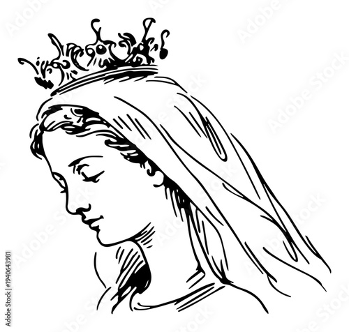 Hand drawn vector portrait of Virgin Mary wearing a royal crown in line art style