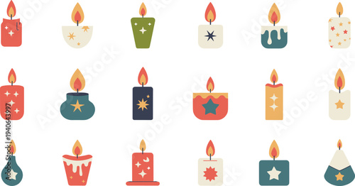 Decorative candle collection with burning flames festive aromatherapy wax candles set isolated for celebration holiday decoration flat vector illustration