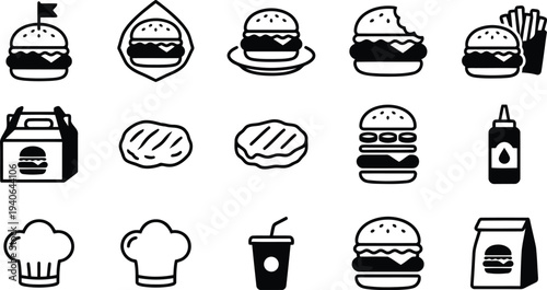 A collection of black and white icons representing fast food items and ingredients for a meal