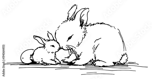 Hand drawn vector illustration of a mother rabbit with her baby bunny in line art style