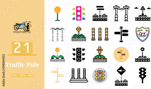 A collection of twenty-one traffic pole icons featuring mixed flat color and black silhouette styles