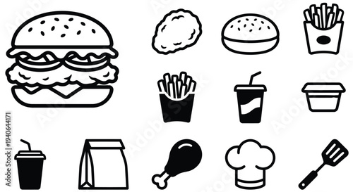 A collection of flat icon vector graphics representing fast food items and related culinary elements arranged on a clean white background