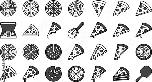A Collection of Stylized Pizza Illustrations Showing Full Pizzas and Slices with Various Toppings and Pizza Cutters