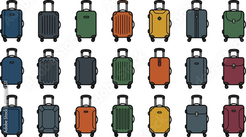 A diverse collection of twenty modern wheeled suitcases in various vibrant colors and styles
