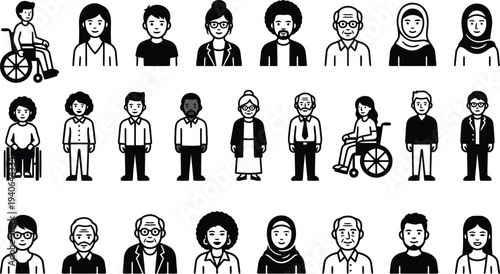 A diverse group of stylized people icons representing different ages genders ethnicities and abilities for inclusivity themes