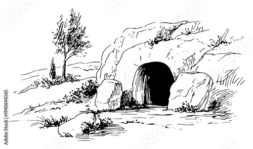 Artistic vector sketch of an empty tomb cave in a rocky biblical landscape