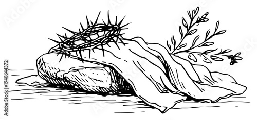 Detailed vector illustration of the crown of thorns and shroud on a stone for Good Friday