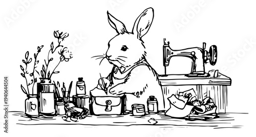 Artistic vector illustration of a cute bunny working in a sewing workshop with a vintage sewing machine