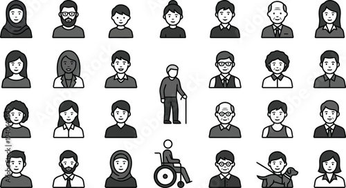 Collection of diverse cartoon avatar icons representing people of various ages ethnicities and abilities isolated on transparent background