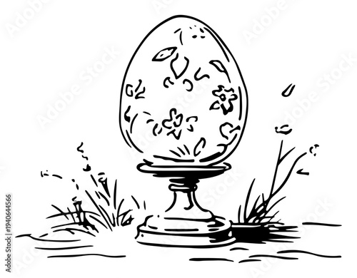 Minimalist vector illustration of a large decorated Easter egg on a decorative pedestal