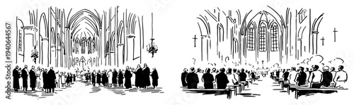 Hand drawn vector sketch of a crowded interior of a gothic cathedral with people attending mass