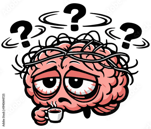 A chaotic meme-style brain character representing extreme overthinking. The exaggerated expression and floating symbols create a relatable Gen-Z humor visual that works perfectly for stickers, shirts,