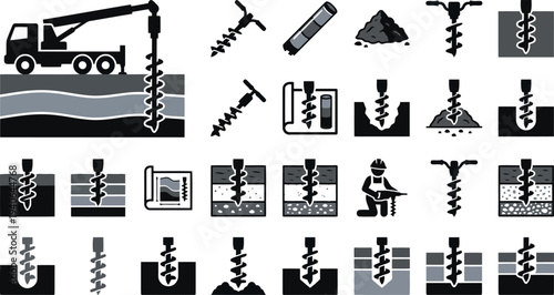 Collection of industrial drilling and excavation icons depicting various drilling processes and equipment