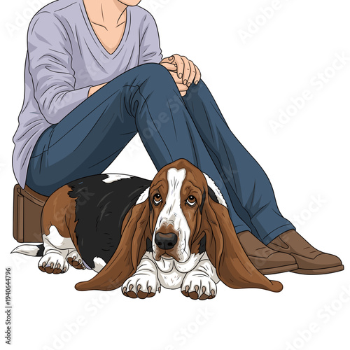 Basset hound resting beside its owner illustration