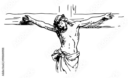 Detailed black and white vector sketch of the crucifixion of Jesus Christ on the cross
