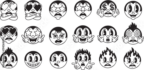 Retro Rubber Hose Style Cartoon Character Faces with Hand Gestures and Expressions Vector Set