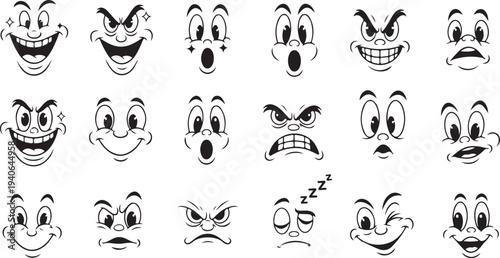 Retro Vintage Cartoon Facial Expressions and Eyes Mouth Elements Vector Set