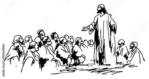 Biblical vector illustration of Jesus Christ teaching and preaching to a crowd of people