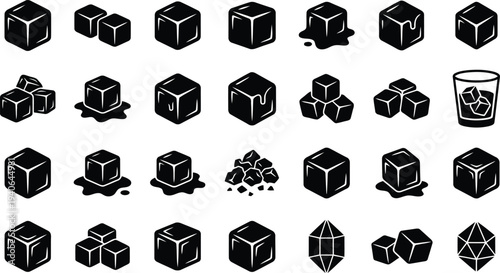 Collection of stylized black and white ice cube illustrations showing melting and different arrangements isolated on transparent background