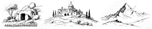 Set of biblical landscape sketches featuring empty tomb holy city and mountain peak vector illustrations
