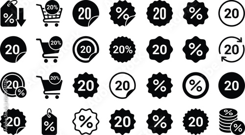 Collection of twenty percent discount icons including tags shopping carts and circular labels isolated on transparent background