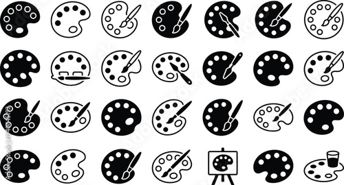 Collection of various art palettes and brushes with different designs for creative expression and art