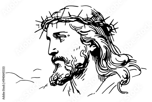 Hand drawn portrait sketch of Jesus Christ with a crown of thorns