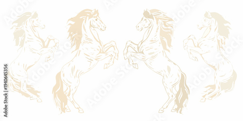 Four rearing horses depicted in a delicate vintage style illustration