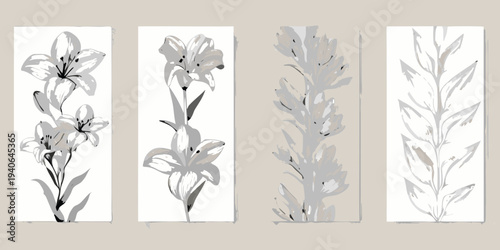 Four vertical panels displaying stylized lily floral arrangements in grayscale