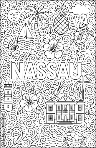Nassau hand drawn vector illustration doodle art line art coloring page for kids