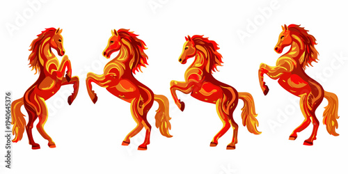 Four fiery horses depicted in dynamic poses with ornate detailing