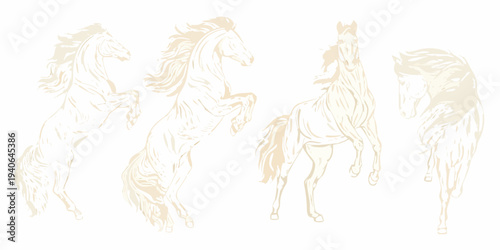 Elegant horses in various poses a sketched monochromatic composition