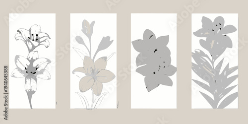Four vertical panels displaying grayscale floral illustrations of lilies