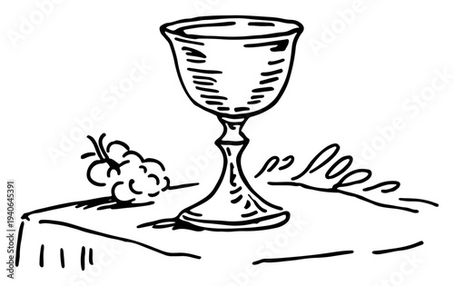Hand drawn sketch of a christian chalice on a table