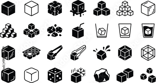 Collection of various ice cube icons depicting different states and uses of frozen water cubes