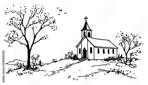 Hand drawn sketch of a rural landscape with a path leading to a church