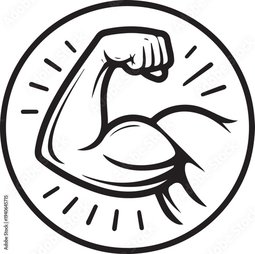 Muscular arm flexed bicep emblem line art icon strong power fitness symbol circular design